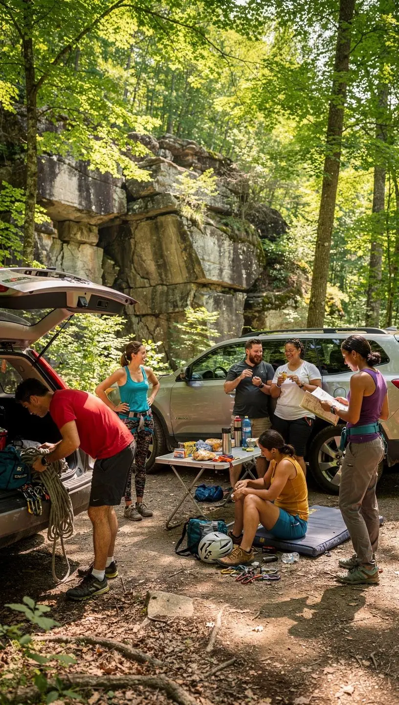 Участник тренировки по скалолазанию, изучающий технику на искусственной стене