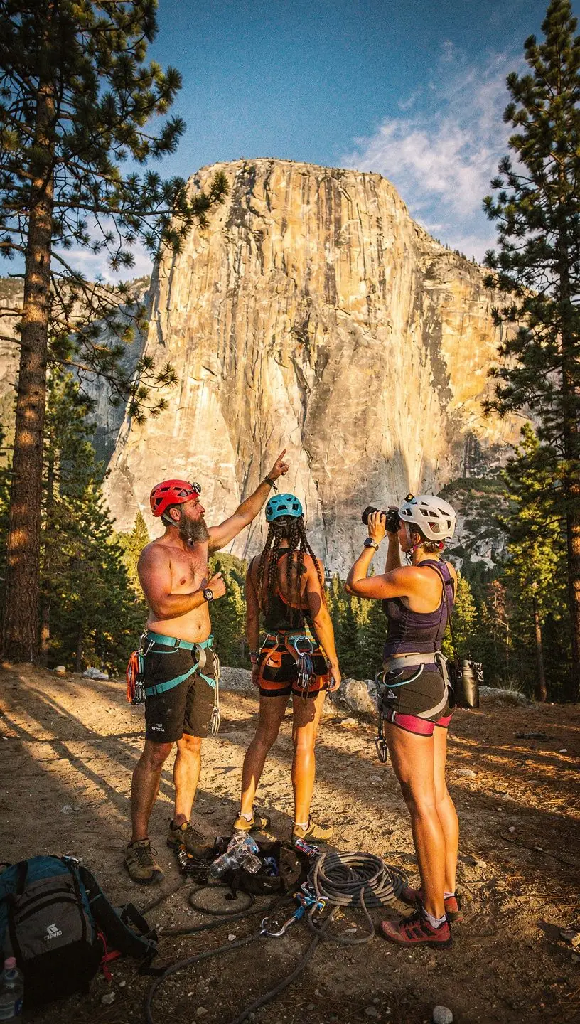 Снимок альпинистского снаряжения, разложенного на земле перед восхождением.