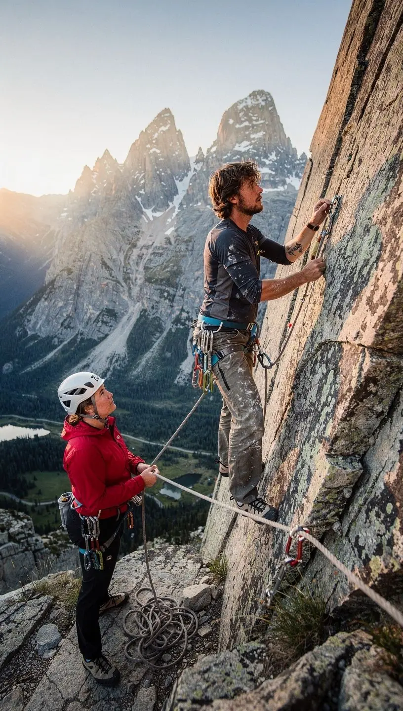 Оборудование для скалолазания, включая веревки и карабины, разложено на земле.