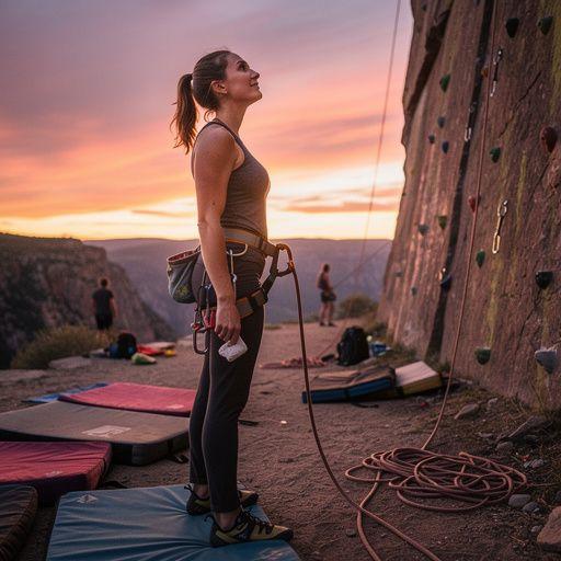 Экипировка для скалолазания, выставленная на фоне горного пейзажа.